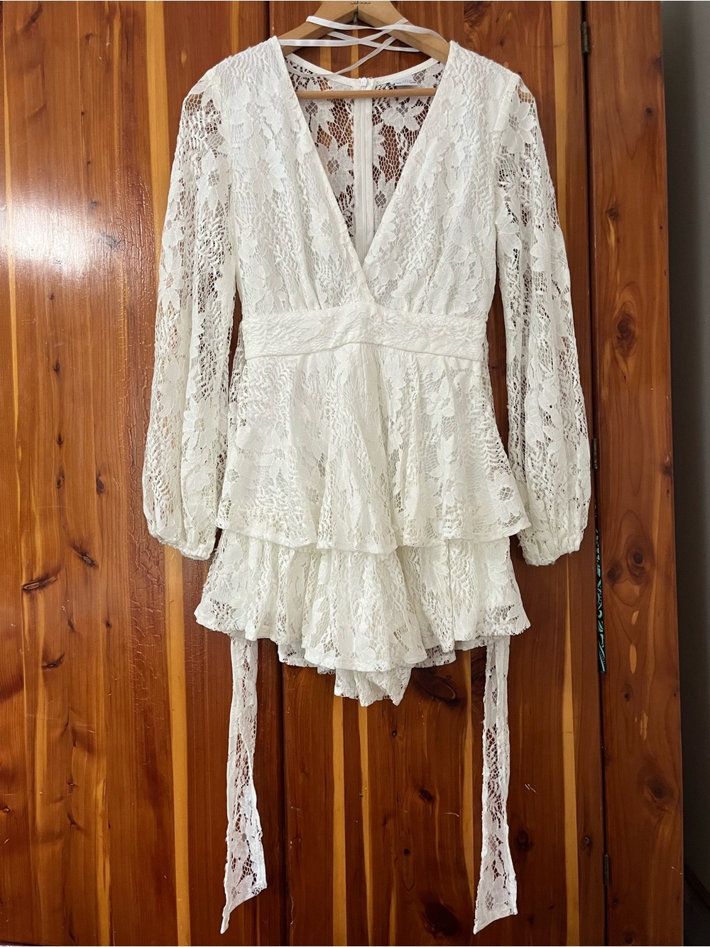 Selfie Leslie Ivory Lace V-Neck Tiered Romper with Long Sleeves
